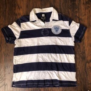 Vintage Ocean Pacific OP Rugby Patch Polo Shirt Top Blue Striped Y2K 2000 Preppy
